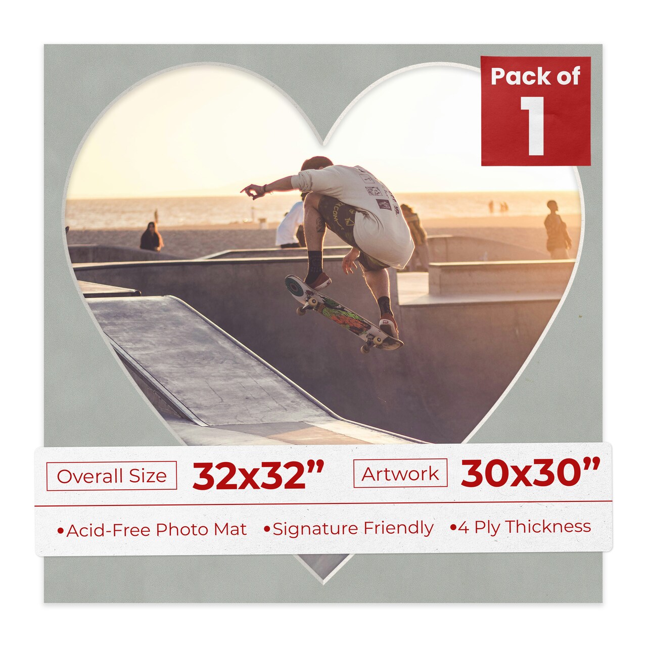 Light Grey Suede Mat Board for 32x32 Frames - Heart Opening for 30x30 Photos